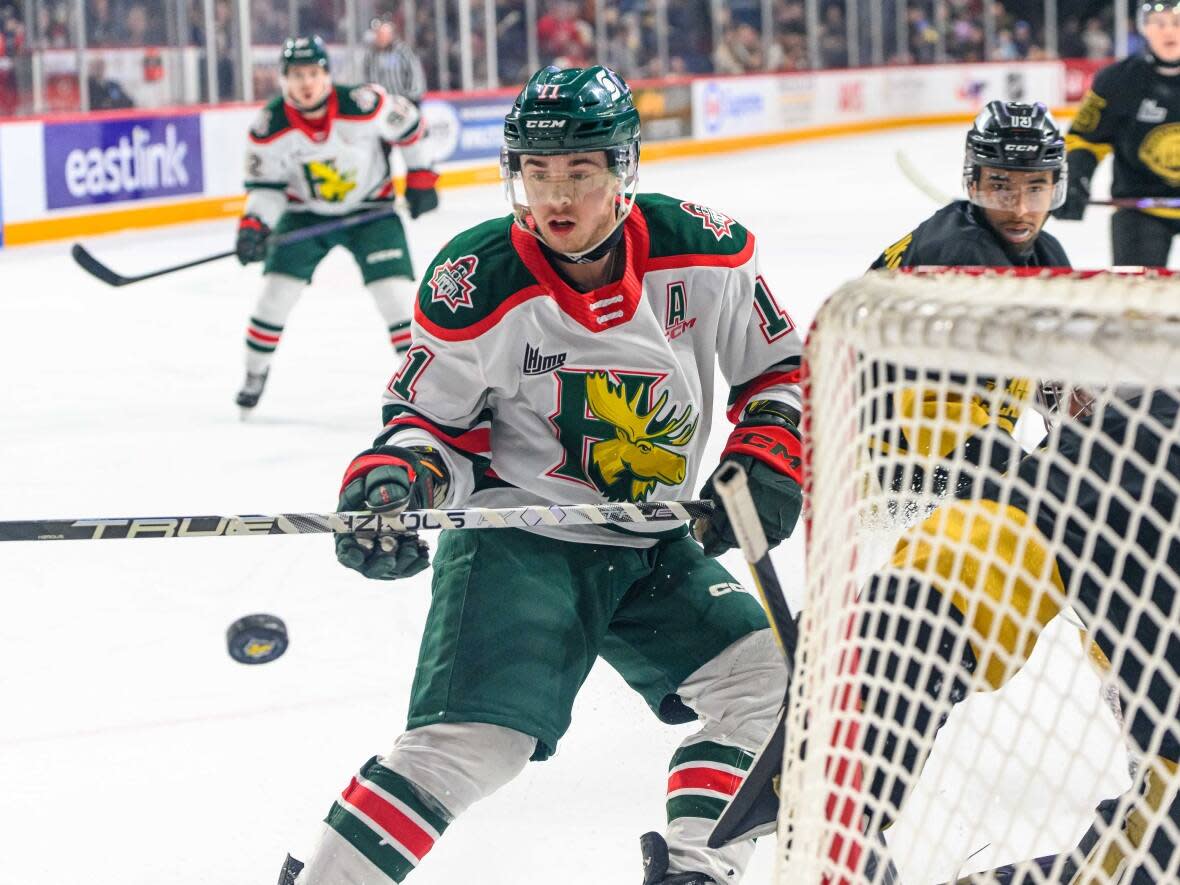 Halifax Mooseheads forward Jordan Dumais had four assists in Saturday's game against the Charlottetown Islanders. On the season, he had 54 goals and 86 assists, setting the franchise record for points in a season. (Trevor MacMillan/Halifax Mooseheads - image credit)