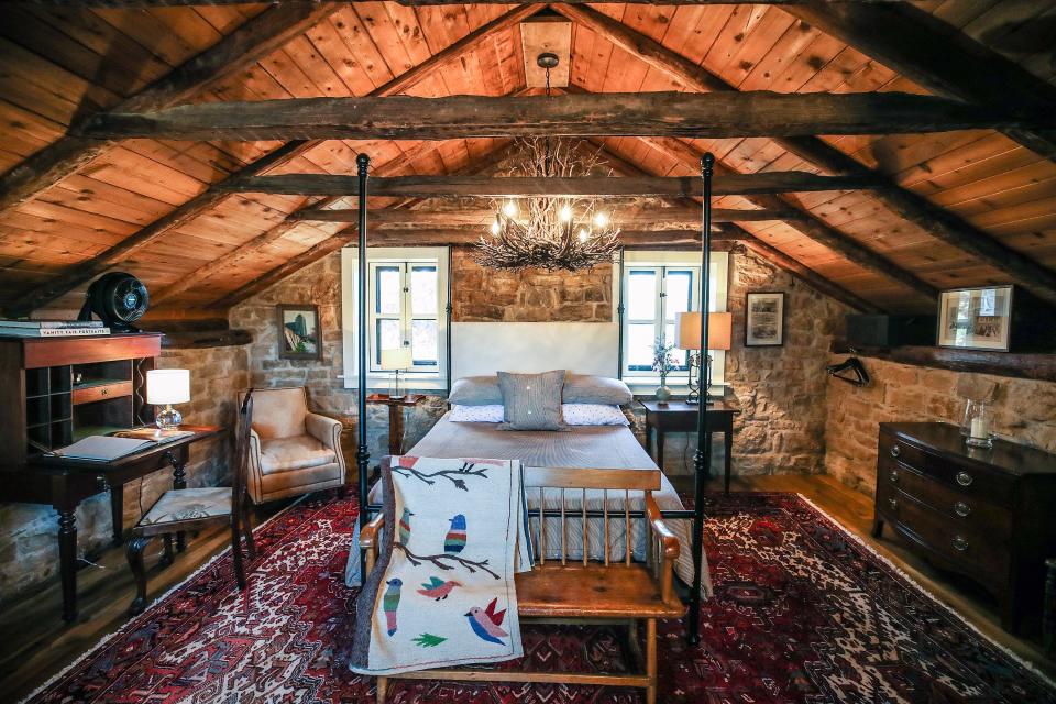 Second floor of a guest cabin behind the home of Don Wenzel & Ron Darnell in eastern Jefferson County. This Federal Georgian house was built in 1845 and sits on a 14-acre property with the original Edward Tyler stone house, circa 1783; a stone spring house from the late 1700s; a pond; a barn; a 1700s stone outdoor fireplace area; and a garage complex. It is listed on the National Register of Historic Places.