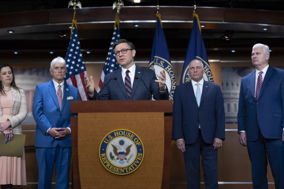 Speaker of the House Mike Johnson, R-La., center, joined from left by Rep. Elise Stefanik, R-N.Y., chair of the House Republican Conference, House Small Business Chairman Roger Williams, R-Texas, House Majority Leader Steve Scalise, R-La., and House Majority Whip Tom Emmer, R-Minn., meets with reporters following a closed-door GOP strategy session, at the Capitol in Washington, Tuesday, April 30, 2024. Johnson and other Republicans are calling for an end to the student protests over the Israel-Hamas conflict, even encouraging intervention by the National Guard. (AP Photo/J. Scott Applewhite)