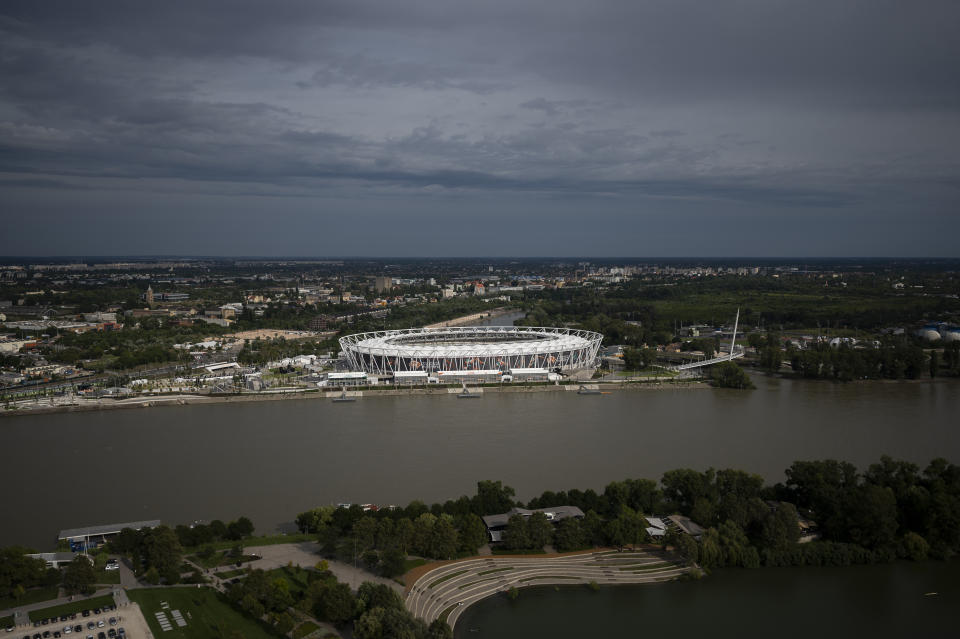 A view of Budapest's National Athletics Centre, on Wednesday, Aug. 9, 2023. The National Athletics Centre will be the main venue for the World Athletics Championships in Budapest from 19-27 August 2023. (AP Photo/Denes Erdos)