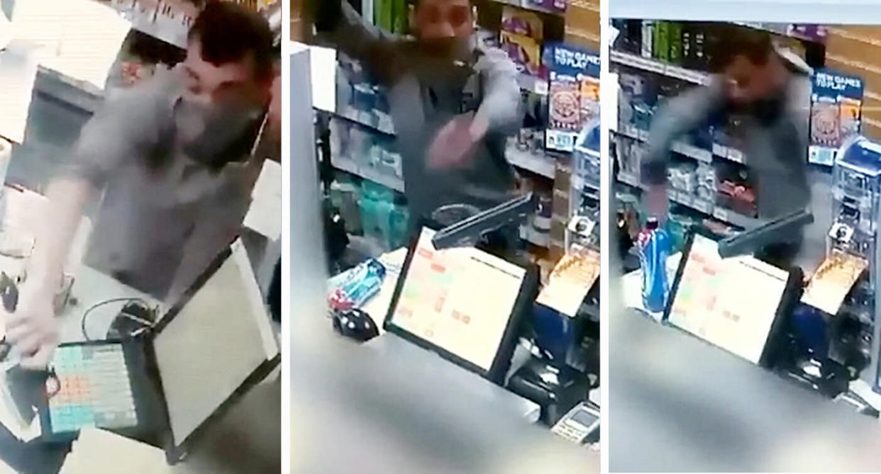 CCTV stills showing the terrifying moment Rafiq wiels the axe threatening a shopkeeper in Walsall. (SWNS)