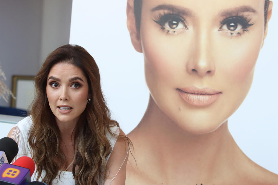 MEXICO CITY, MEXICO - AUGUST 30: Marlene Favela speaks during the launch of her cosmetic line on August 30, 2021 in Mexico City, Mexico. (Photo by Adrián Monroy/Medios y Media/Getty Images)