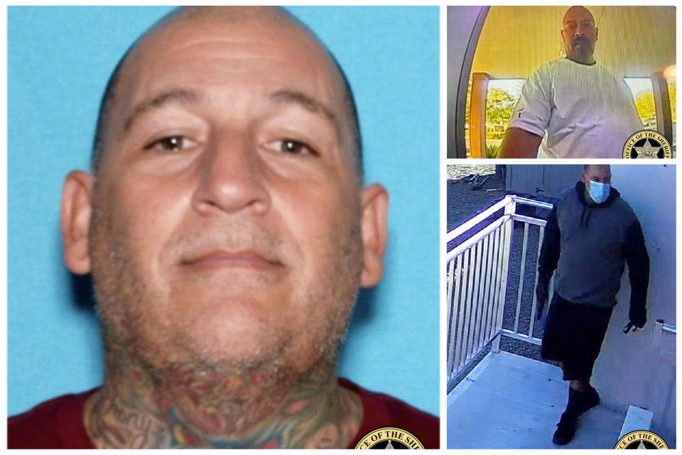 Left: An undated photo of 48-year-old Jesus Manuel Salgado, a person of interest in the disappearance of a family of 4 from a business in Merced County in Central California on Oct. 3, 2022. On the left are surveillance photos of a man believed to be Salgado taken on Oct. 3.  / Credit: Merced County Sheriff's Office