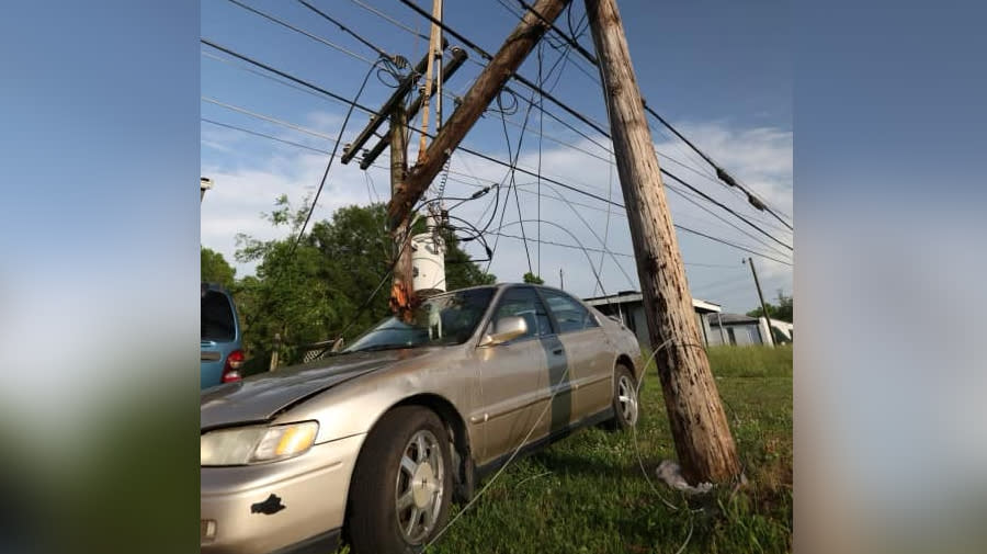 Powerlines and a transformer down in a car in Gaston County. Photo from Gaston County government.