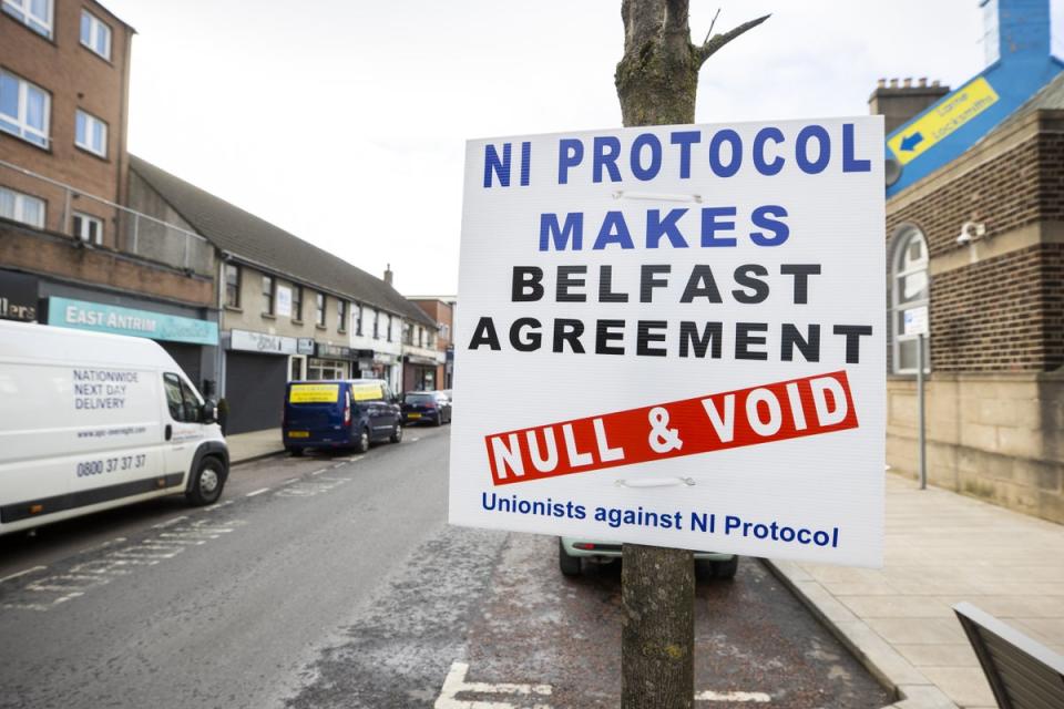 A sign in Larne protesting against the Northern Ireland Protocol (Liam McBurney/PA) (PA Archive)