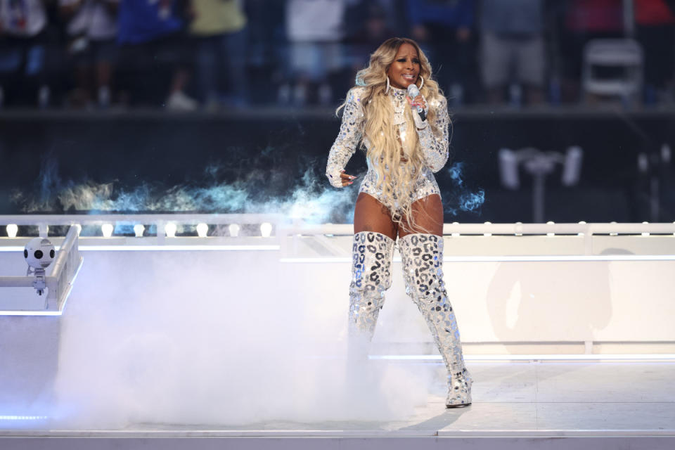 Mary J. Blige performs at the halftime show during the NFL Super Bowl 56 football game, at SoFi Stadium on Feb. 13, 2022, in Inglewood, California. The Rams won 23-20.<p>Michael Owens/Getty Images</p>