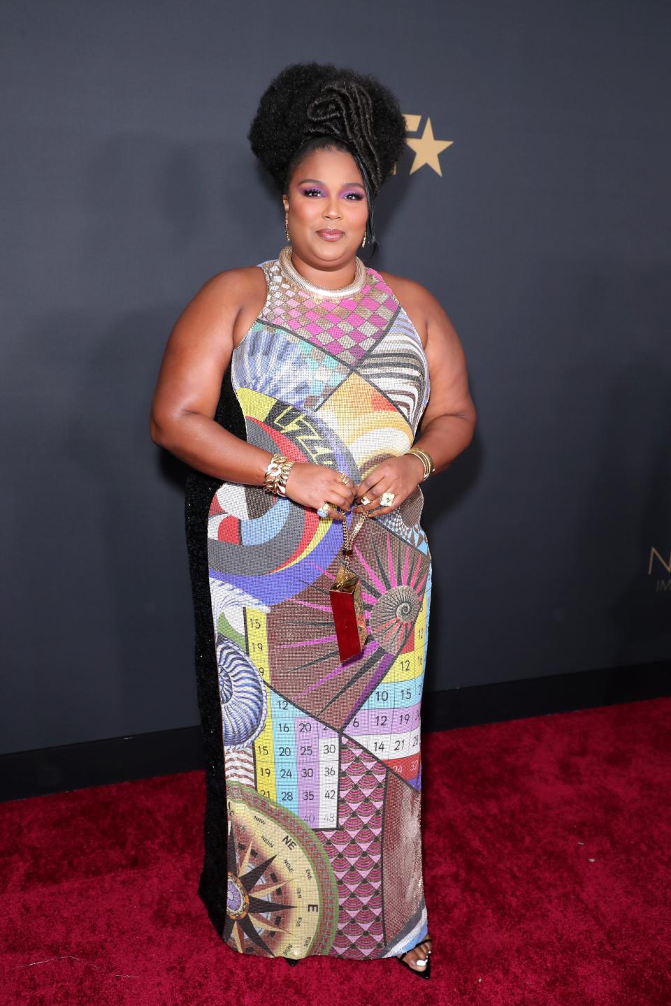 lizzo naacp awards outfit custom gown gold bag