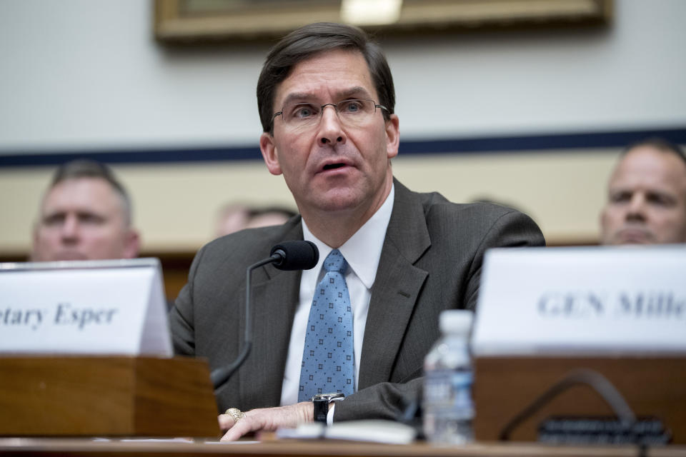 FILE - In this April 2, 2019, file photo, Secretary of the Army Mark Esper speaks during a House Armed Services Committee budget hearing on Capitol Hill in Washington. President Donald Trump on June 18, named Esper as acting Defense Secretary. (AP Photo/Andrew Harnik)