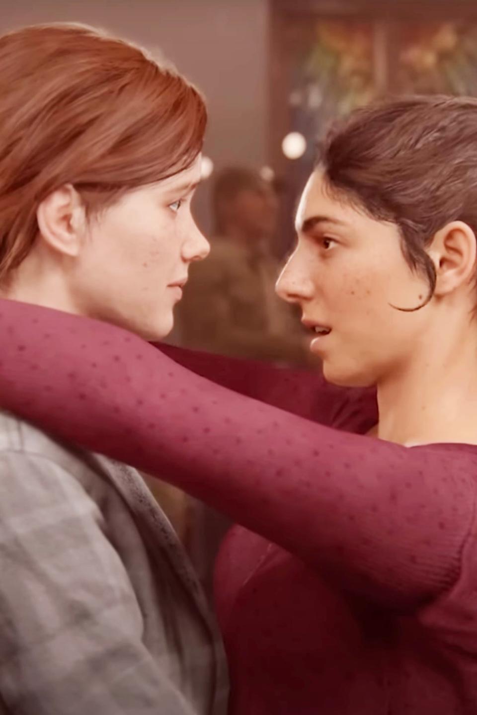 Ellie and Dina from The Last of Us are close, about to kiss, showing an intimate moment between the characters