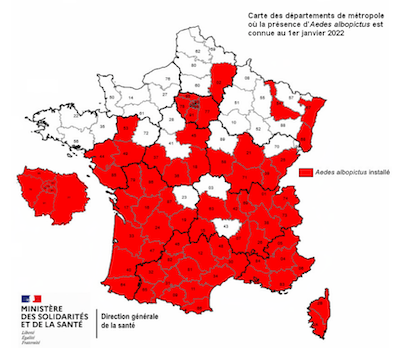 Répartition du moustique tigre en France métropolitaine et en Corse, en janvier 2022. <a href="https://solidarites-sante.gouv.fr/sante-et-environnement/risques-microbiologiques-physiques-et-chimiques/especes-nuisibles-et-parasites/article/cartes-de-presence-du-moustique-tigre-aedes-albopictus-en-france-metropolitaine" rel="nofollow noopener" target="_blank" data-ylk="slk:Ministère des Solidarités et de la Santé;elm:context_link;itc:0;sec:content-canvas" class="link ">Ministère des Solidarités et de la Santé</a>