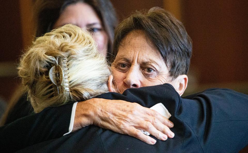 Jan Cornell gets a hug during the penalty phase of the Joseph Zieler trial on Tuesday, May 23, 2023. Her daughter, Robin Cornell was murdered along with her baby sitter, Lisa Story. Zieler was convicted in their murders. 