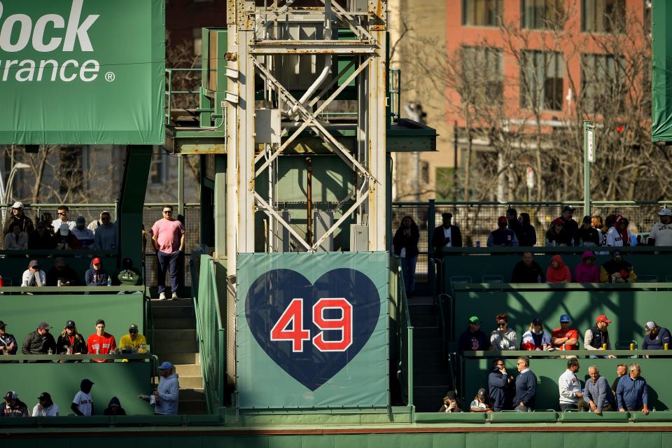 In honor of Tim Wakefield, the Red Sox displayed his number 49 above the Green Monster during the home opener at Fenway Park against the Baltimore Orioles on April 9.