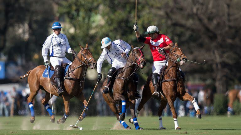 Jornayvaz observa la puja entre Cambiaso y Bartolomé Castagnola, durante un partido jugado en la Argentina