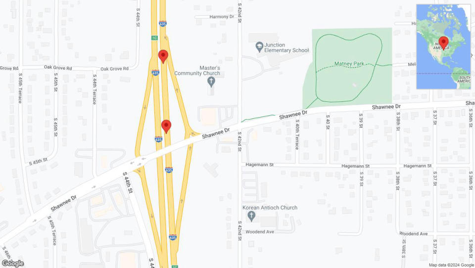A detailed map that shows the affected road due to 'Warning in Kansas City: Crash reported on northbound I-635' on January 3rd at 5:28 p.m.
