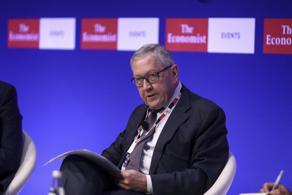 Klaus Regling, Managing Director of EMS (European Stability Mechanism), speaks at a financial conference in Lagonisi, south of Athens, Tuesday, July 16, 2019. Regling is meeting with officials of Greece's new conservative government and has insisted that the country needs to stick to tough annual budget targets. (AP Photo/Yorgos Karahalis)