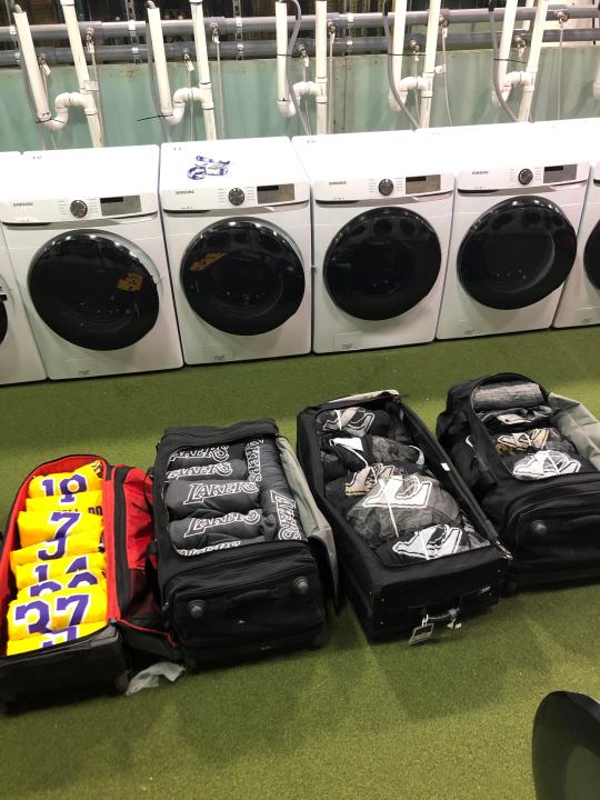 The rows of washing machines Lakers team manager Andrew Henk had to use to get the team's uniforms and practice gear clean inside the NBA bubble.