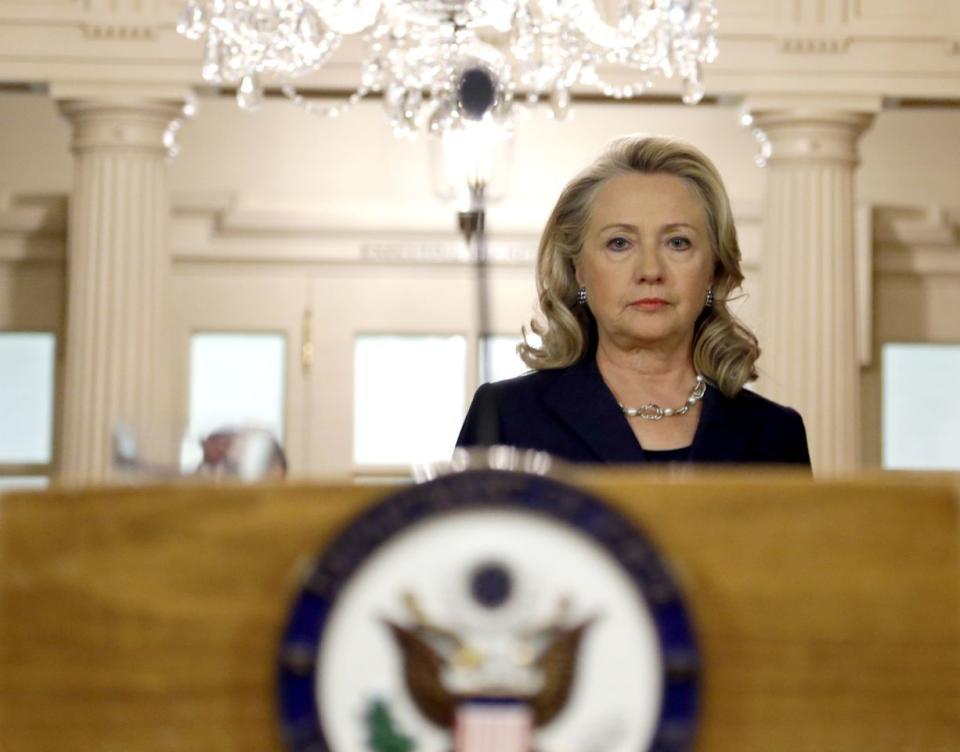 Secretary of State Hillary Clinton speaks at the State Dept.