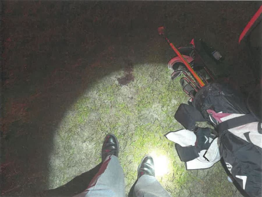 This Highway Patrol crash scene photograph shows a puddle of blood on the ground where the responding deputy said King Cutter’s head was lying on the ground. (Source: S.C. Department of Public Safety)