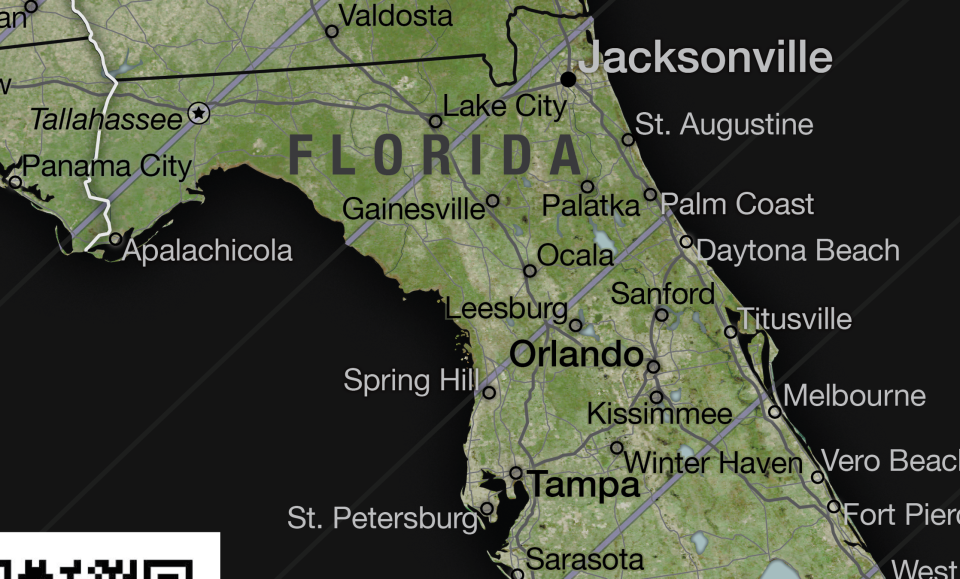 This map from NASA's Scientific Visualization Studio (Michala Garrison, Ernie Wright, Laurence Schuler and Ian Jones) shows the path of totality for the April 8, 2024, Total Solar Eclipse. The map includes states that are not in the path, like Orlando, Florida. However, the map does note the percentage of visibility by state and city.