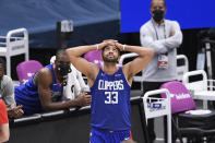 Los Angeles Clippers forward Nicolas Batum (33) reacts after he was called for a foul during the second half of an NBA basketball game against the Washington Wizards, Thursday, March 4, 2021, in Washington. (AP Photo/Nick Wass)