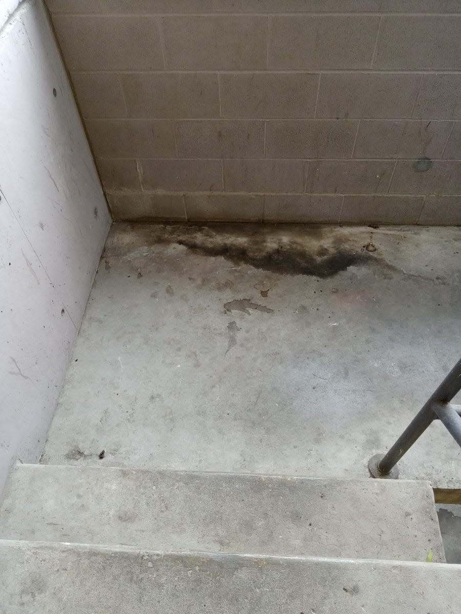 A Lugar Tower tenant, Sandra Barnes, said she took this photo on April 27, 2023, depicting urine in the apartment stairwell that hasn't been cleaned for months, she said. She is one of five tenants that filed a legal complaint against the Indianapolis Housing Agency over bad living conditions.