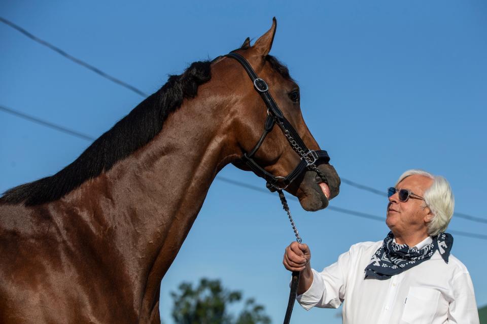 Trainer Bob Baffert paid a day-after visit to Authentic, winner of the Kentucky Derby. The win is a record-tying sixth victory for Baffert. Sept. 6, 2020