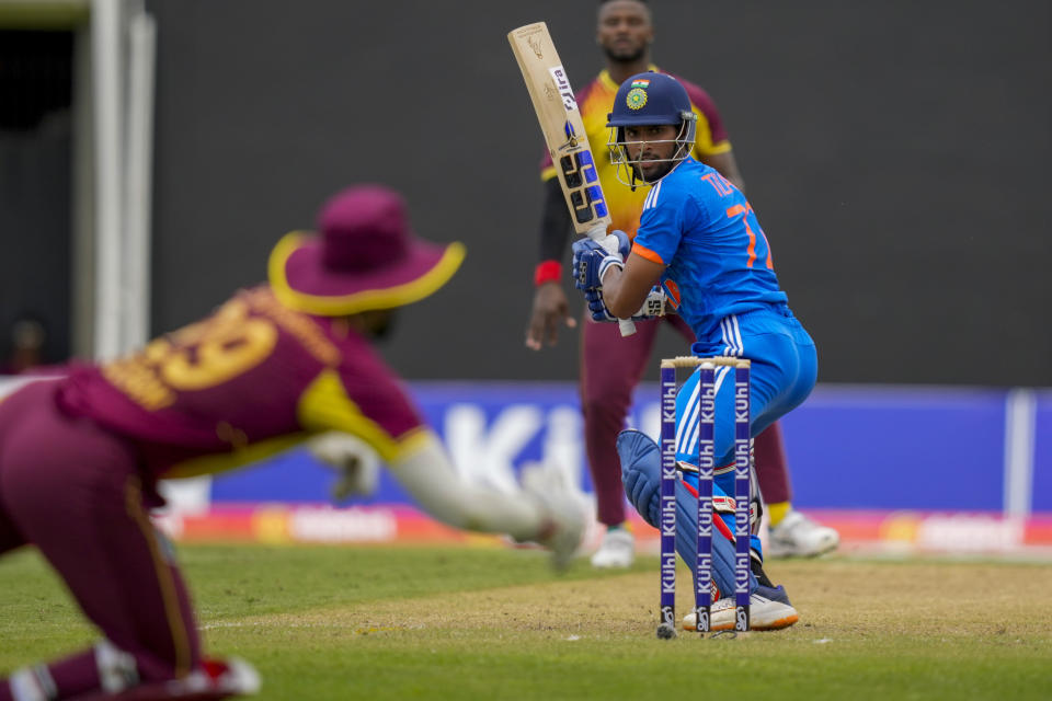 India's Tilak Varma plays a shot against West Indies during the second T20 cricket match at Providence Stadium in Georgetown, Guyana , Sunday, Aug. 6, 2023. (AP Photo/Ramon Espinosa)