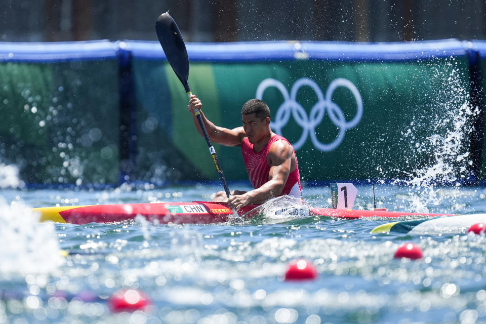 <p>TOKYO, JAPAN - AUGUST 03: Zhang Dong of China competes in the Men's Kayak Single 1000m Final A on day eleven of the Tokyo 2020 Olympic Games at Sea Forest Waterway on August 3, 2021 in Tokyo, Japan. (Photo by Ni Minzhe/CHINASPORTS/VCG via Getty Images)</p> 