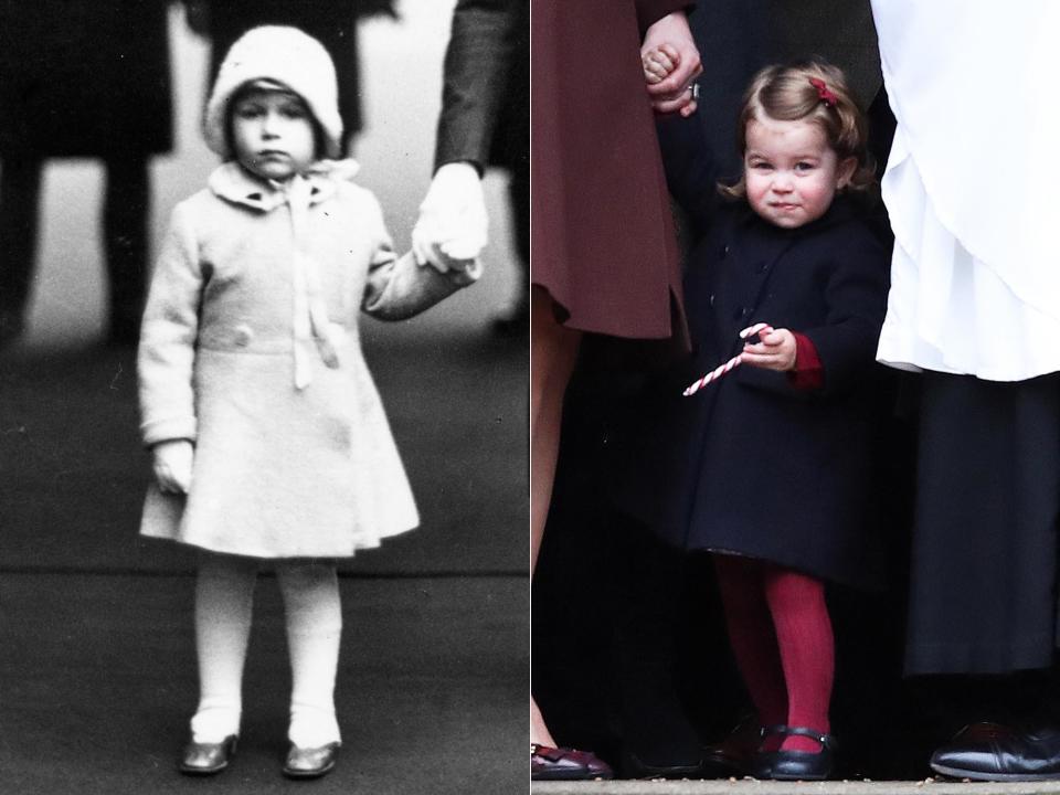On the left, a 1929 photo of the queen as a young girl; on the right, her great-granddaughter Charlotte in 2016. 
