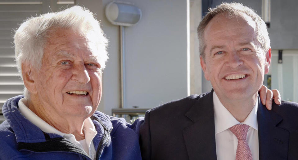 A smiling Bill Shorten is pictured here with the late Bob Hawke on May 6.