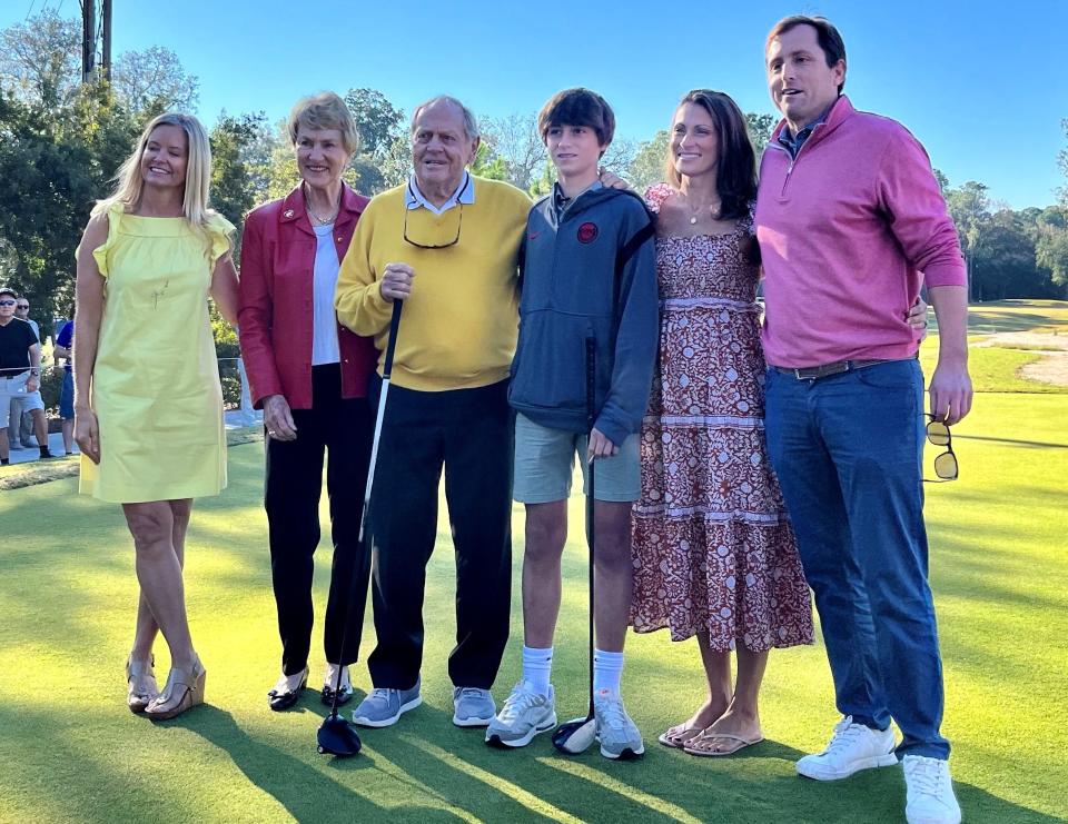Jack Nicklaus (center) was in Jacksonville on Friday to kick off the Constellation Furyk & Friends by hitting a ceremonial tee shot with former Wolfson Children's Hospital patient Jack Jones. From the left is tournament host Tabitha Furyk, Barbara Nicklaus, Jack Nicklaus, Jack Jones and Jones' parents Erin and Zell.