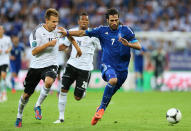 GDANSK, POLAND - JUNE 22: Holger Badstuber of Germany chases down Giorgos Samaras of Greece during the UEFA EURO 2012 quarter final match between Germany and Greece at The Municipal Stadium on June 22, 2012 in Gdansk, Poland. (Photo by Joern Pollex/Getty Images)