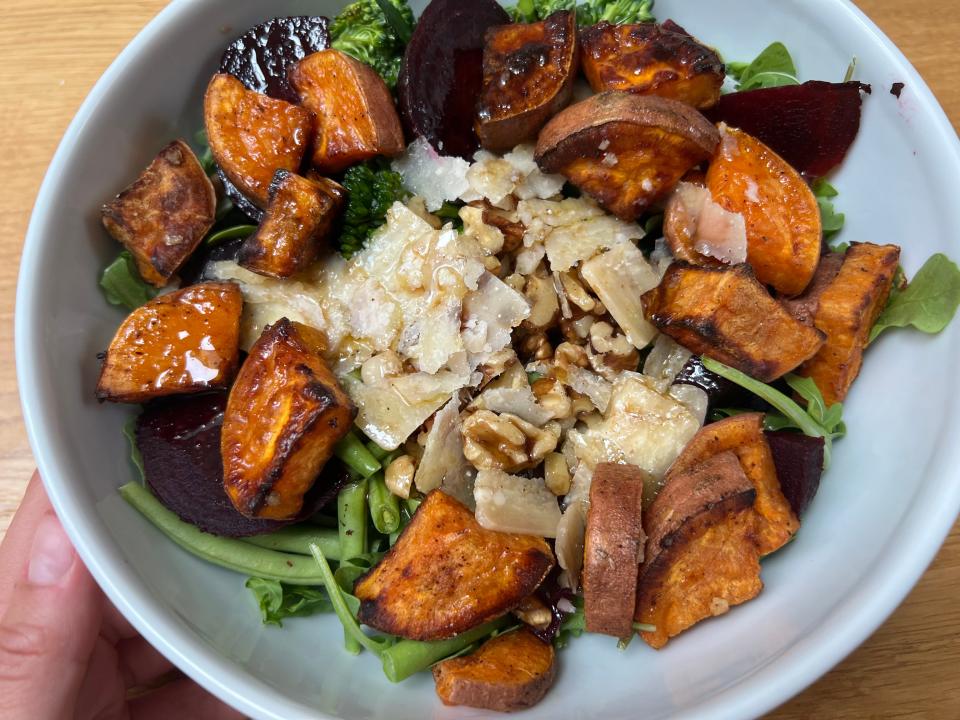 A close-up of the salad with dressing.