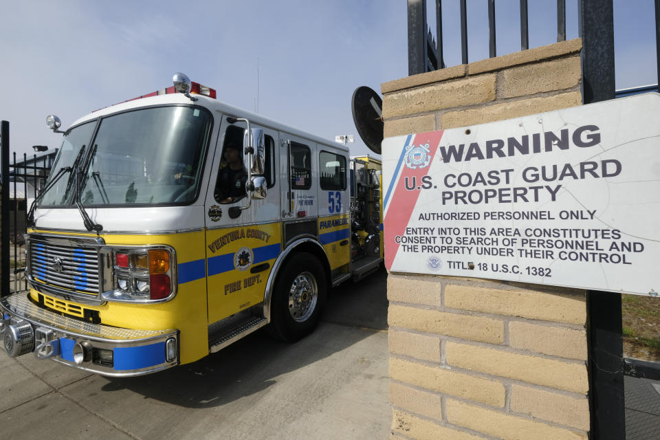 A Ventura County Fire Department truck leaves U.S. Coast Guard Station Channel Islands in Oxnard, Calif., Monday, Sept. 2, 2019. Multiple people are feared dead after a dive boat caught fire before dawn Monday off the Southern California coast. (AP Photo/Ringo H.W. Chiu)