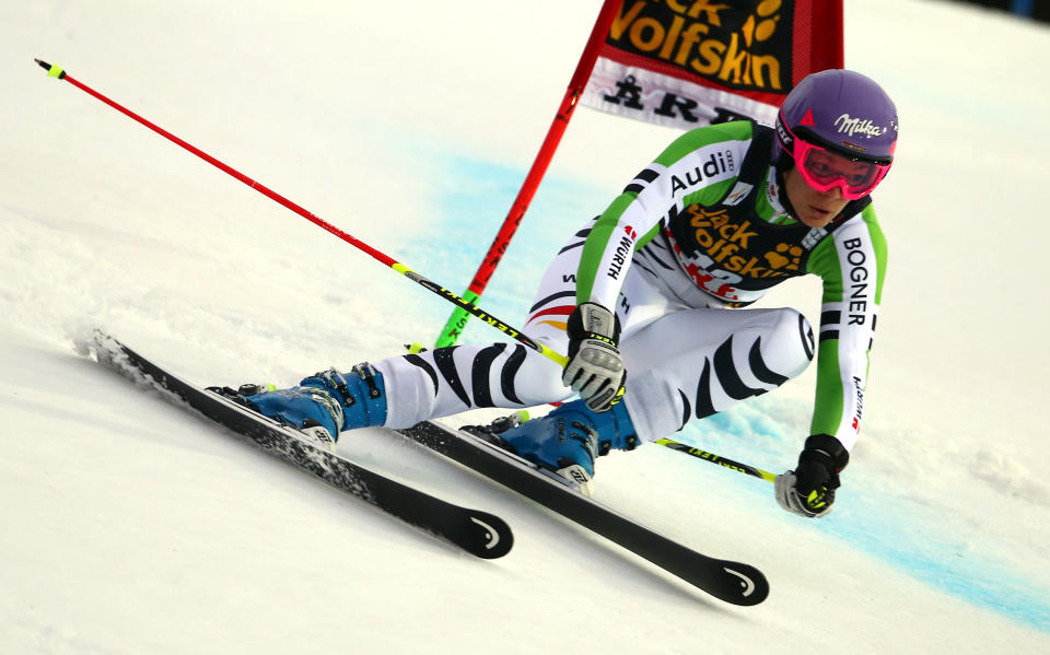 Germany's Maria Hoefl-Riesch competes during the first run of an alpine ski women's World Cup giant slalom, in Are, Sweden, Friday, March 7, 2014. (AP Photo/Alessandro Trovati)