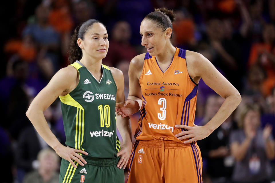 FILE - In this Sept. 6, 2017 file photo, Phoenix Mercury guard Diana Taurasi (3) talks with Seattle Storm guard Sue Bird (10) during the second half of a WNBA basketball playoff game in Tempe, Ariz. Taurasi and Bird know that they are on the tail end of their incredible basketball careers. After both stars missed last season due to injuries, skipping the 2020 season could have meant the end of their illustrious careers because it would have been difficult to return after two years off according to them. (AP Photo/Matt York, File)