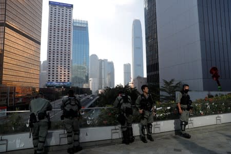 Riot police officers are pictured outside the Legislative Council complex in Hong Kong