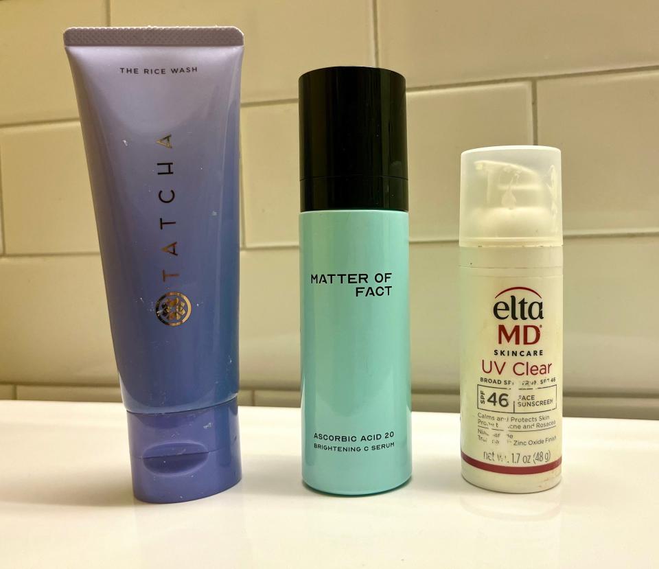 Tatcha The Rice Wash, Matter of Fact Ascorbic Acid 20 Brightening C Serum, and EltaMD UV Clear Sunscreen