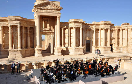 Russia's Mariinsky Theater performs at the amphitheater of the Syrian city of Palmyra, Syria in this handout picture provided by SANA on May 5, 2016. SANA/Handout via REUTERS