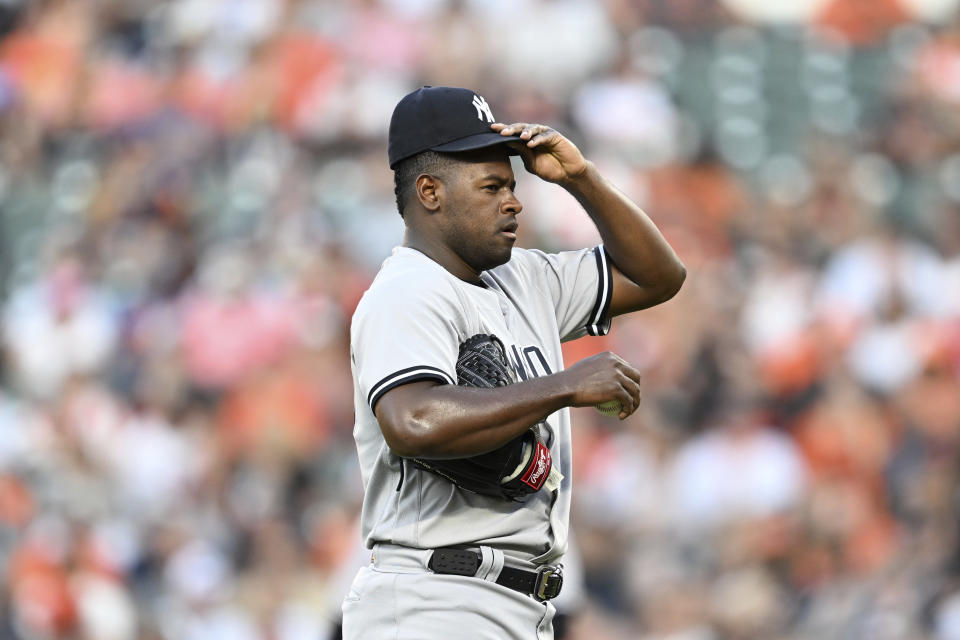 Luis Severino reacts during a tough first inning against the Orioles. (AP Photo/Gail Burton)