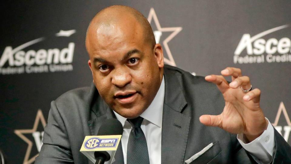 Vanderbilt Athletic Director Malcom Turner answers a question during a news conference Monday, April 8, 2019, in Nashville, TN announcing the hiring of Jerry Stackhouse as the school’s new basketball coach.