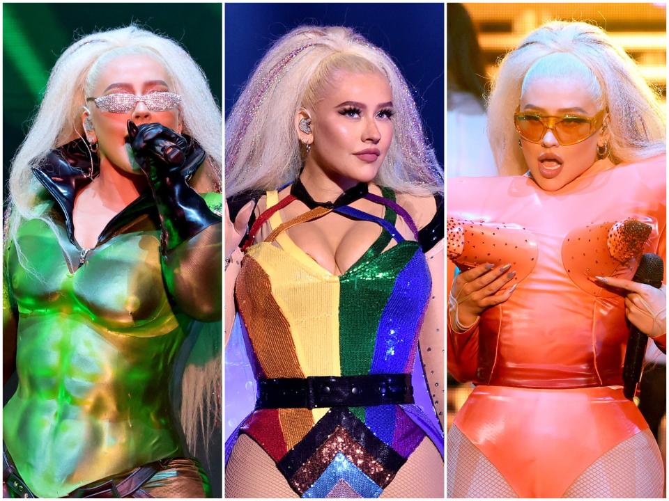 Three-panel image of Christina Aguilera in a green outfit, a rainbow outfit, and an orange outfit
