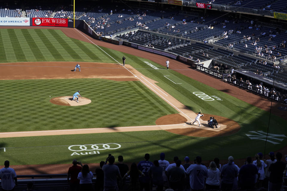 Toronto Blue Jays' Alek Manoah delivers a pitch during the second inning of the first game of a baseball doubleheader against the New York Yankees Thursday, May 27, 2021, in New York. The Blue Jays won 2-0. (AP Photo/Frank Franklin II)