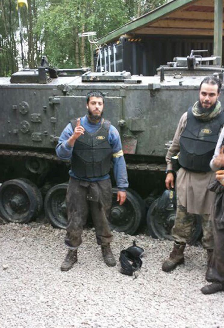 Mohammed Ali Ahmed (left) and Abdelatif Gaini at the paintballing centre. Ahmed was jailed earlier this week . (PA) 