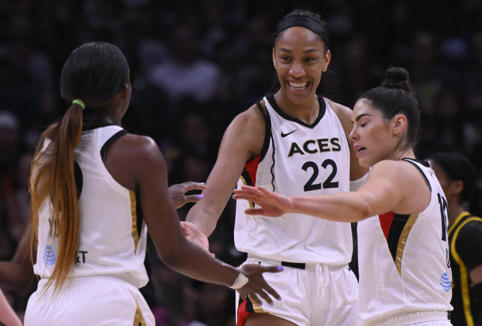 Aja Wilson, Kelsey Bloom and Jackie Young from Las Vegas during a match last month.  (Keith Birmingham/MediaNews Group/Pasadena Star News via Getty Images)