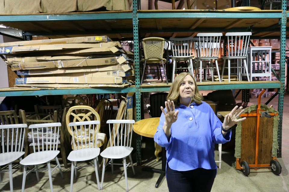 April 11, 2024; Tuscaloosa, Alabama, USA; Judy Holland, director of High Socks for Hope, stands in the S.D. Allen Ministries warehouse in Tuscaloosa. S.D. Allen recently merged into the High Socks organization. Holland said that High Socks for Hope has never before had warehouse space in Tuscaloosa.