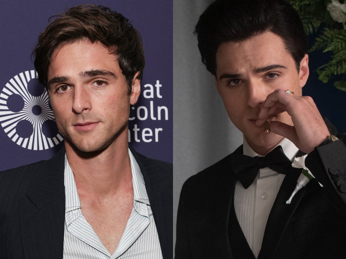 Left: Jacob Elordi at a screening of "Priscilla" in October 2023. Right: Elordi as Elvis Presley in "Priscilla."