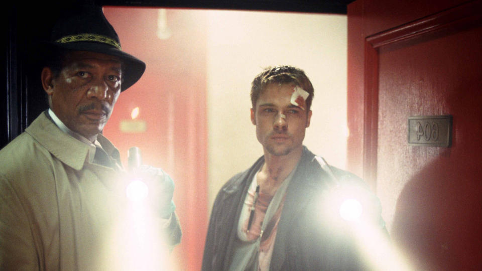Morgan Freeman and Brad Pitt in serial killer thriller 'Seven'. (Credit: New Line Cinema)