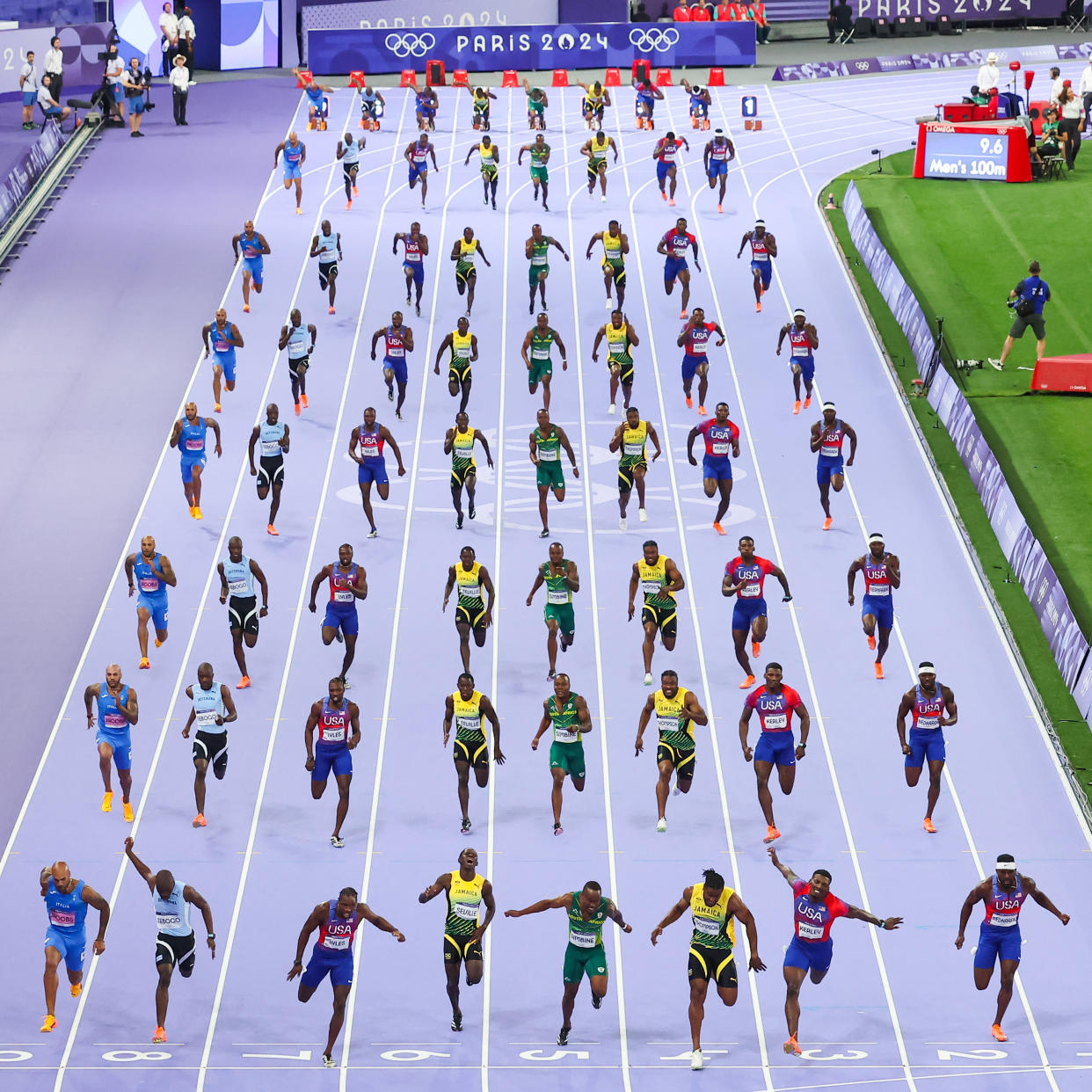 PARIS, FRANCE - AUGUST 04: (EDITORS NOTE: Image is a digital composite.)  General view as Noah Lyles of Team United States competes the Men's 100m Final on day nine of the Olympic Games Paris 2024 at Stade de France on August 04, 2024 in Paris, France. Layers of the Games shows in one image the multiple moments that happen during a game or a day of competition during the Paris 2024 Olympic Games from a fixed camera.  (Photo by Hector Vivas/Getty Images)