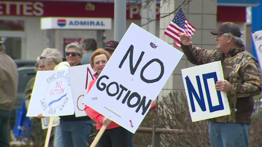 People protested in Big Rapids against plans for a battery plant for China-based company Gotion. (April 5, 2023)